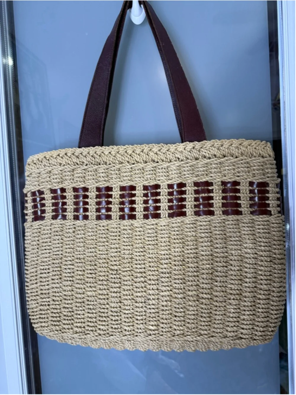 Lois Hill Beige Brown Woven Straw Leather Tote Bag One Size